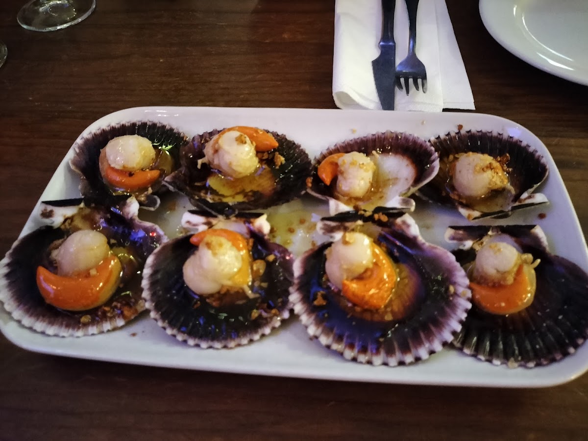 Vieiras al horno servidas en su concha con una salsa